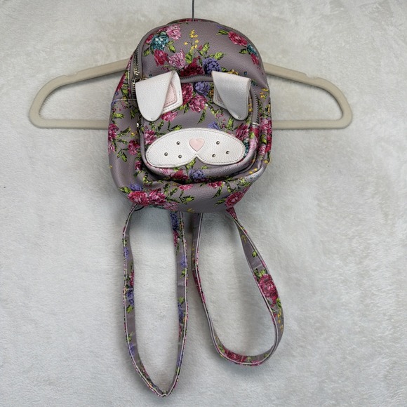 Betsey Johnson Handbags - Betsey Johnson Floral Puppy Dog Face Mini Backpack Gray Pink Roses Kitsch Bag